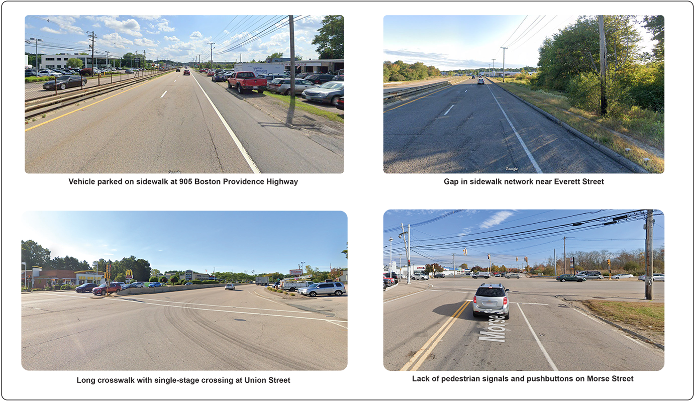 Figure 5
Walking Challenges
Figure 5 includes photos illustrating challenges for people walking in the corridor.
Figure 5
Walking Challenges
Figure 5 includes photos illustrating challenges for people walking in the corridor.